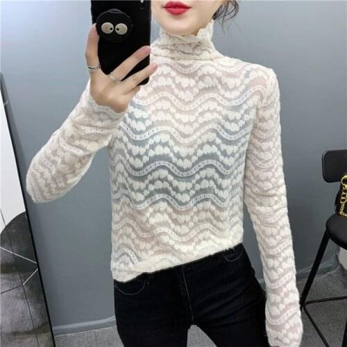 Women Blouse Womens Turtleneck Lace Autumn Winter Mesh Long-Sleeved T-shirt Top Blouse Shirts Ropa De Mujer