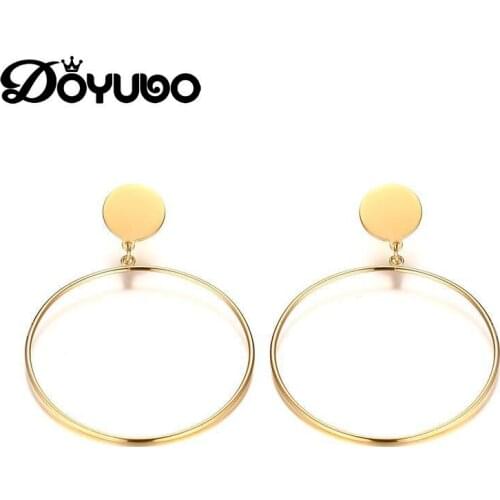 DOYUBO Womens Gold Color Stainless Steel Round Circle Eardrop European Exaggerated Personality Earrings Fine Jewelry DB198