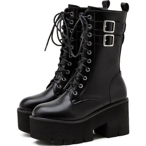PXELENA DropShip Plus Size 34-41 Women Punk Rock Gothic Combat Motorcycle Boots Buckle Chunky Block High Heels Cosplay Shoes JK