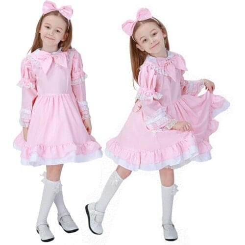 Women Kids Girls Maid Outfit Anime Long Dress Black and White Apron Dress Lolita Dresses Cafe Costume Cosplay Costume