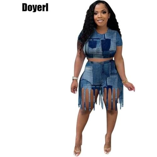 Denim Print Two Piece Set Women Shorts Matching Sets Crop Top T Shirts and Short Suits Tassel 2 Piece Sets Womens Outfits Summer