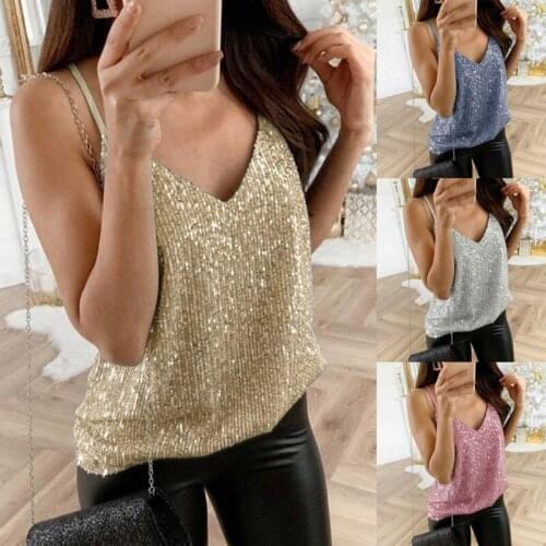 Summer Women Fashion Sling Sequins Vests 2021 New Europe And America Mother Ladies Deep V-neck Clothes Sexy Beach Cool Clothing