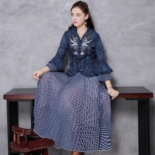 Summer 2020 spring dress denim wome two-piece sleeve bull-puncher dress girl ancient B9292 embroidery plate buckles