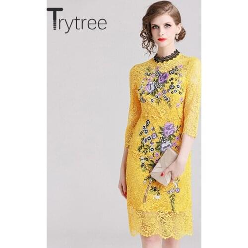 Trytree Summer Elegant Sheath Dress High street Embroidery Floral women Lace dresses Knee-Length Mermaid Casual Yellow Dresses