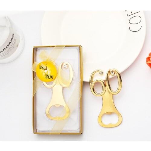 100pcs Wedding Anniversary Celebration Party Souvenirs Guests 60th Birthday Gifts Golden 60 Number Beer Bottle Opener WB31