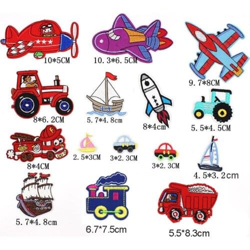 15pcs Mix Cartoon Vehicle Patches Embroidered DIY Children Clothes Stickers Cute Airplane Train Car Truck Boats Sewing Appliques