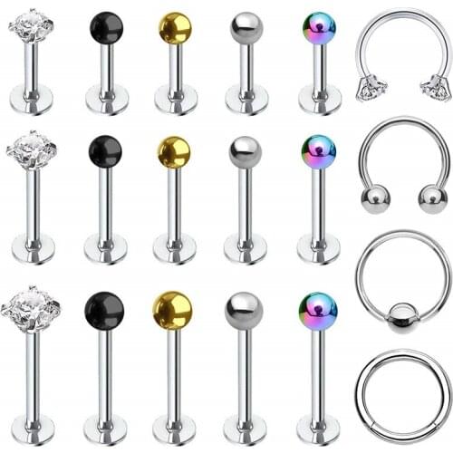 16-23PC Tragus Labret Stud Set 16G Nose Helix Monroe Cartilage Spike Steel Bioflex Retainer
