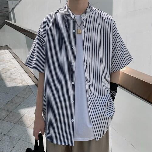 2021 New Summer Shirt Men Short Sleeve Contrast Color Striped Casual Shirts Korean Mens Clothing Fashion Streetwear M-5XL