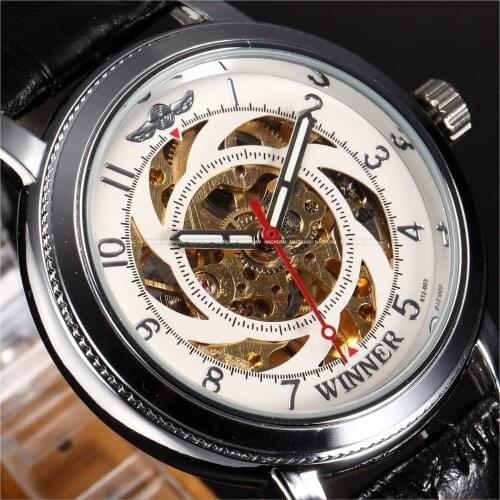 Winner Skeleton White Dial Swirl Designer Leather Mechanical Skeleton Watch Men Watches Top Brand Luxury Automatic Montre Homme