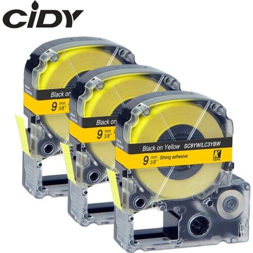CIDY 3Pcs SC9YW/LC3YBW LC-3YBW9 compatible KingJim 9MM Black on Yellow Label tape for Epson machine LW700 LW400 LW800 SR150