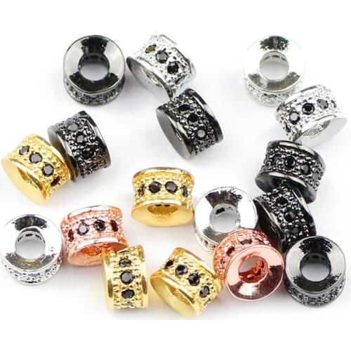HGKLBB 4pcs Black Zircon Copper Spacer bead 6mm Fat Round cylinder Charms Loose beads for Jewelry bracelet Pendants making DIY