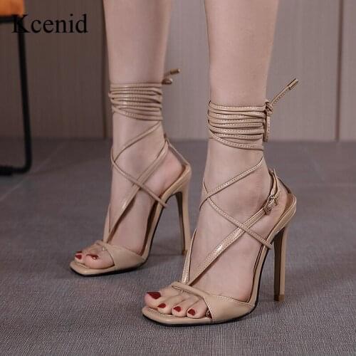 Kcenid New Gladiator Sandals Women Sexy Summer Shoes Square Toe High Heels Bandage Buckle Strap Pumps Lace Up Ladies Party Shoes