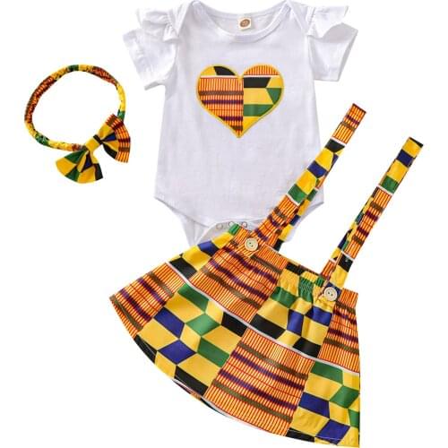 Summer Baby Girls Clothes Set Fly Sleeve Cartoon Romper + Strap Skirt + Hair Band 3Pcs Outfits for Newborn Baby Clothing Suits