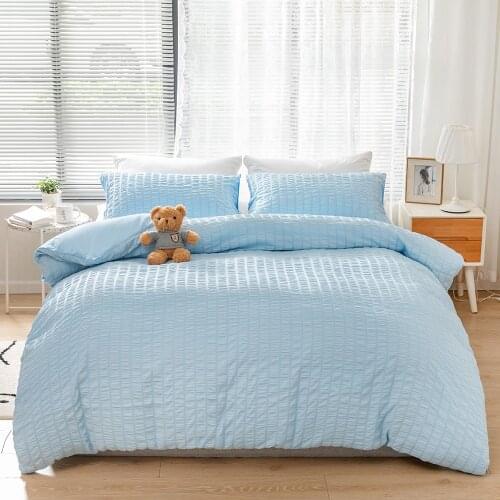 Nordic Style Bed Linen Set Seersucker Blue Bed Duvet Cover Set Adults US Twin EU Single Bedding Set for Double Bed