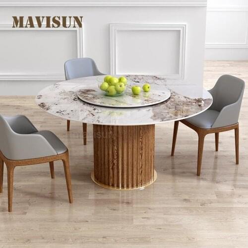 American Country Rustic Style Glossy Rock Slab Round Dining Table High-Quality Solid Wood Practical Dining Room Kitchen Table