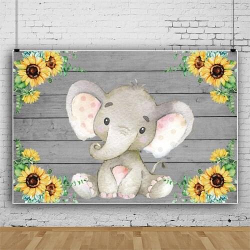 Laeacco Pink Baby Elephant Sunflowers Wooden Board Wall Child Birthday Party Baby Shower Photo Backdrop Photography Background