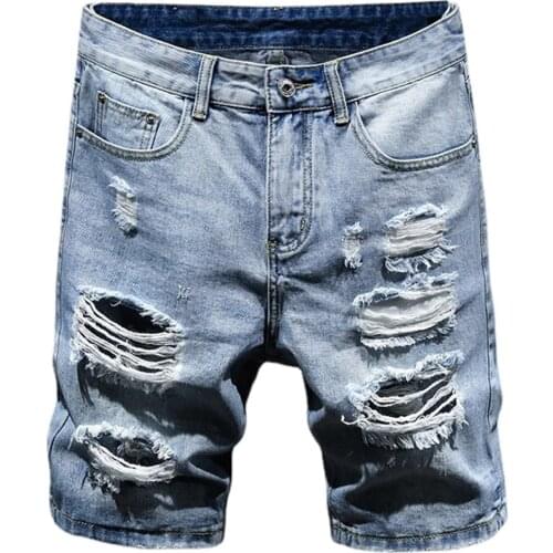 Summer Denim Shorts Mens Ripped Denim Shorts Fashion Holes Destroyed Casual Jeans Shorts Men Straight Light Blue Knee Length