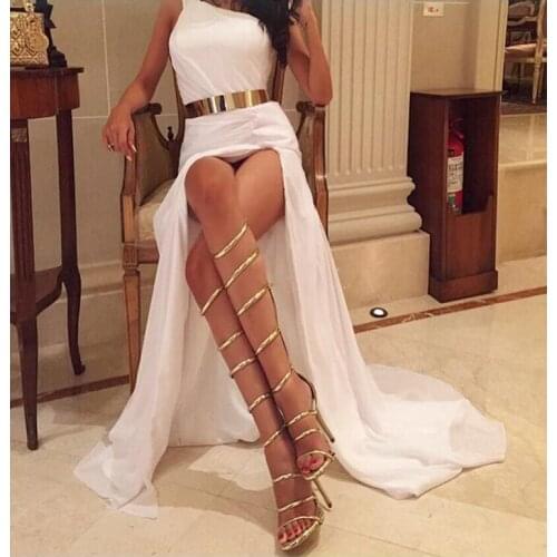 Hongyi Hot Sale Dress Shoes Women Open Toe Thin High Heeled Sandal Botas Lace Up Over the Knee Boots Gold Strap Sandals Big Size