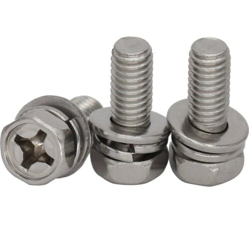 M6 M6*10/12/14/16/20 M6x10/12/14/16/20 304 Stainless Steel ss Phillips Cross Bolt Hexagon Hex Spring Plain Washer Assembly Screw
