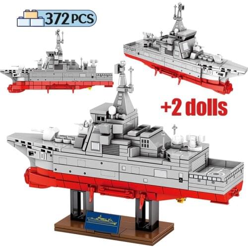 City Police WW2 Military Shandong Battleship Model Building Brick Creator Technical Warship Boat Figure Blocks Toys for Children