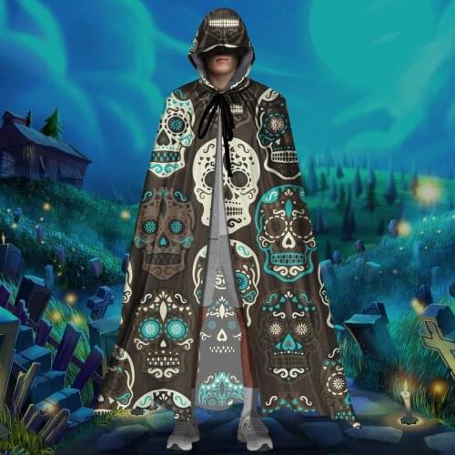 Fashion Unisex Adult Halloween Costume Sugar Skull Printing Full Length Gothic Cape Clothing Hooded Cloak for Men and Womens