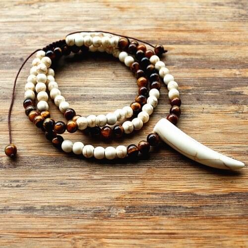 Mens Tribal Style Necklace with 6mm Tiger Eye stone beads pendant necklace