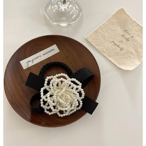 Retro Small Fragrance Pearl Flower Hair Ring Ribbon Bow Hair Rope Wild Head Rope Japan And South Korea Hair Accessories