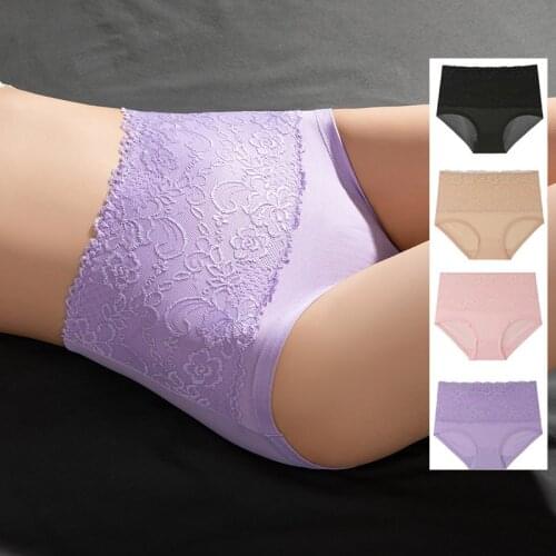 Large Size Womens Underwear Breathable Lace Edge Solid Color Briefs High Waist Underwear Women