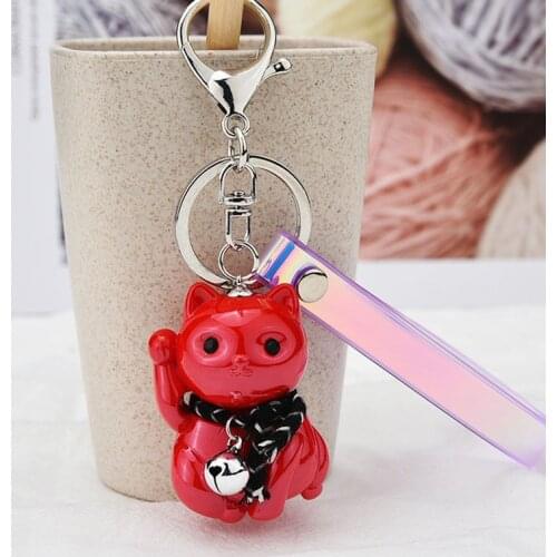 New Lucky Cat Keychain Ring Cute Cartoon Key Chain Couple Bell PVC Magic Color Leather Cord Keychain Car Bag Hanging K2269