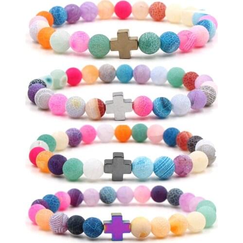 Charm Natural Stone Bracelet Cross Black Lava Matte Beaded Bracelets Handmade Men Women Prayer Fitness Chain Women Jewelry Gift