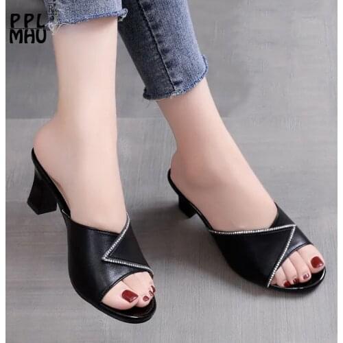 PU Soft Leather Office Shoes 2021Fashion New Open-Toes Non-Slip Slides Korean Style Comfor Wedding Shoes Outside Wear High Heels