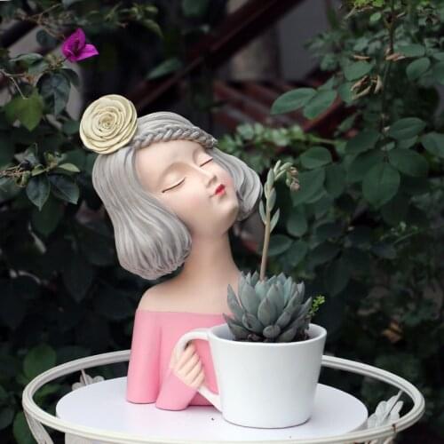 Pastoral Succulent Bonsai Cute Girl Flower Pot Resin Ornaments Outdoor Garden Figurines Decoration Balcony Furnishing Crafts