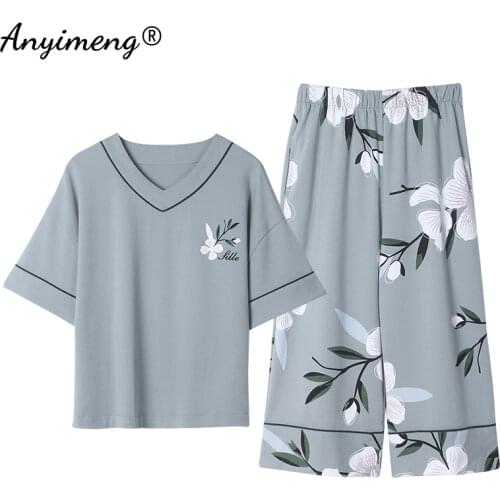 Plus Size Womens Pajamas M-5XL Cotton Sleepwear Leisure Home Suits for Big Size Ladies Elegant Floral Printing Womans Pyjama New