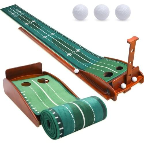 Portable Golf Training Aids, Wood Golf Putting Mat with Auto Ball Return System, Wooden Base Crystal Velvet Mat