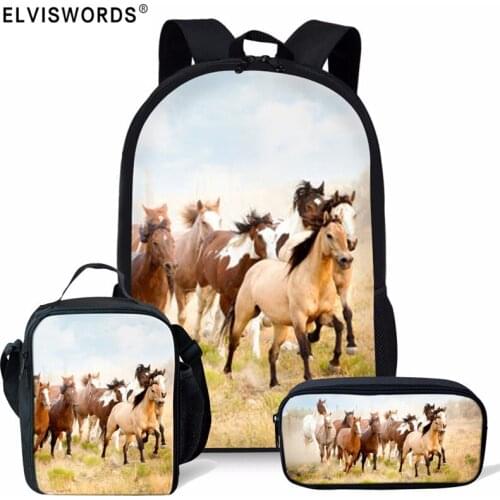 ELVISWORDS Cool Horse Printing School Bags 3pcs/Set Book Bags For Boys Girls School Backpack Travel Shoulder Bag Mochila Escolar