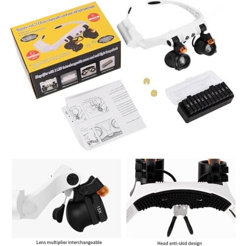 Magnifying Glass Jewelry Clock Repair Loupe Glasses Magnifier With 2 LED Light And 6 Interchangeable Lens 3X 4X 5X 6X 7X 10X