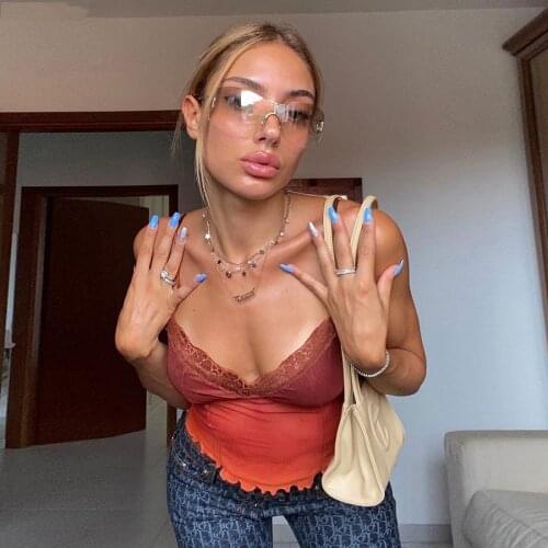 Vintage Lace Y2k Tops Women Sexy See-Through V Neck Aesthetic Crop Tops Bodycon Sleeveless Club Soft Mesh Shirts