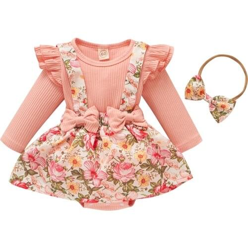 Newborn Infant Girls Floral Print Romper Strap Skirt Headband Clothes Outfits Autumn Fashion Baby Girl Ruffle Clothes Set 2021