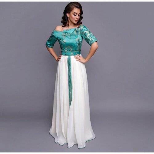 Green Classic Moroccan Caftan Summer Dress Applique A-Line Off-The-Shoulder Tulle Floor Length Evening Dress Dubai Muslim Robe