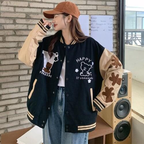 Vintage Bear Embroidery Baseball Uniform Women Single Breasted Splice Loose Jackets 2021 Korean Style Streetwear Casual Coats
