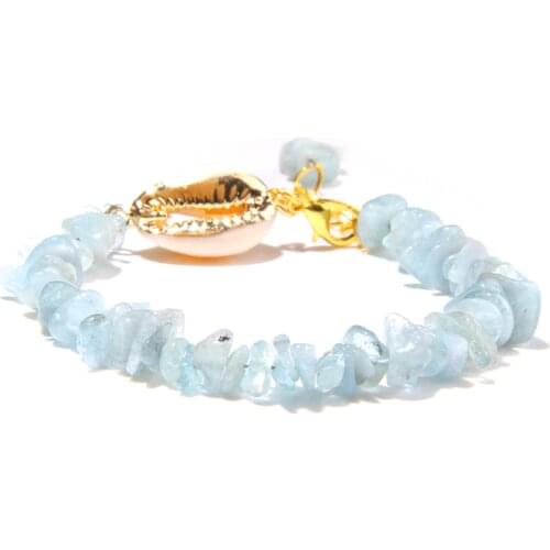 Semiprecious Aquamarines Chip Stone Bracelets Women Hawaii Style Sea Beach Gold Shell Pendant Bangle Blue Pulsera For Women