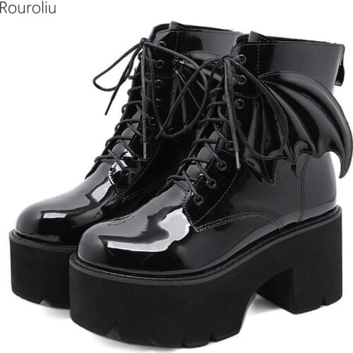 2021 Lace-Up Angel Wing Ankle Leather Boots Women Thick Sole Platform Heels Motorcycle Shoes Girls Black Zipper Boots