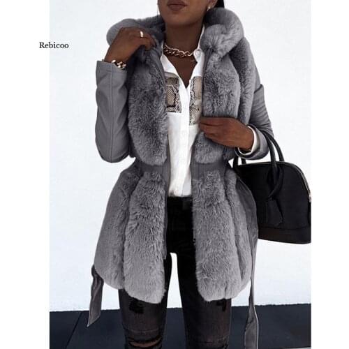 Women Coats Warm Rabbit Faux Fur Fashion Slim Hooded Jackets Women Elegant Tie Belt Leather Fur Coats Parkas Female Winter