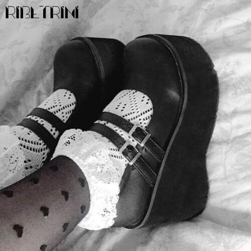 RIBETRINI Brand Big Size 43 Girls Buckle Platform Marry Janes Shoes Women Pumps Lolita Thick Bottom High Wedges Gothic Pumps