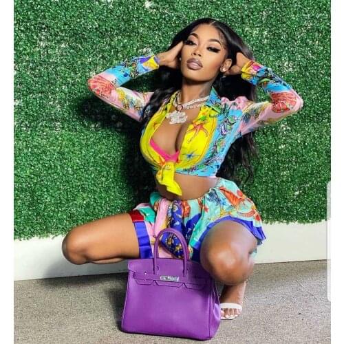 2021 Best Quality Famous Brand 2 pcs Women Set Luxury Print Turn-down Collar Blouse Mini Dress Summer Sexy Club Outfits
