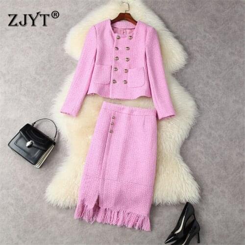 Runway Fall Winter Office Lady Woolen Dress Suit Elegant Party Outfits Double Breasted Jacket Coat+Skirt Set 2 Piece Clothes