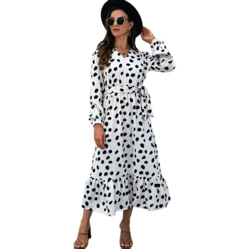 Elegant Polka Dot Print Long Dresses Women Autumn Long Sleeve Split High Waist Lace Up Maxi Dress New Fashion Party Dress Female