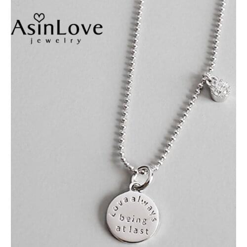 AsinLove 925 Sterling Silver Letter Carved Round Necklace Tiny Zircon Pendant Necklace for Women All-match Personality Jewelry