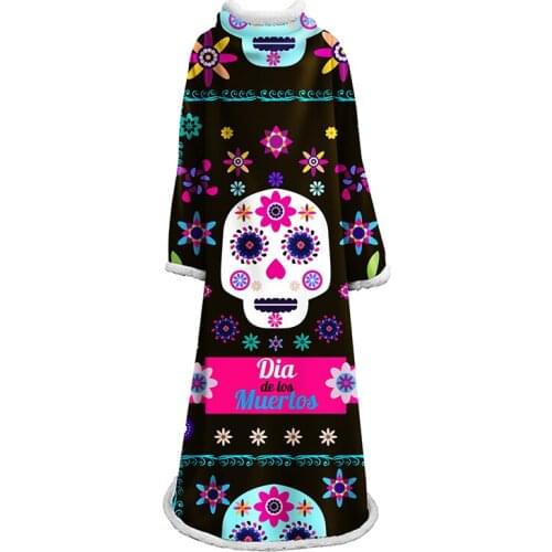 3D Skull Designs Sherpa Winter Blanket with Sleeves Ghastly Cat Plant Velvet Plush Throw Blankets Cartoon Bedspread