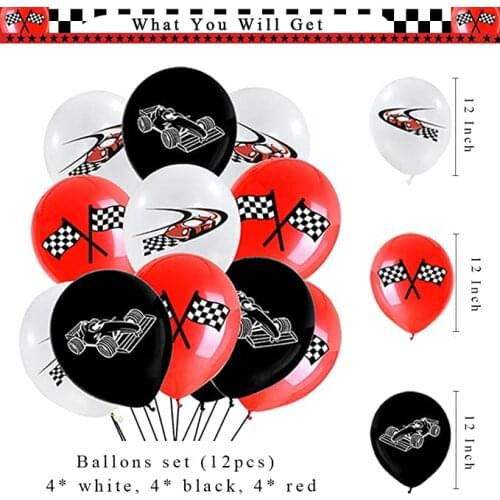 12pcs Red and Black Race Car Balloons 12inch Checkered Racing Balloons for Kids Birthday Party Decorations Supplies